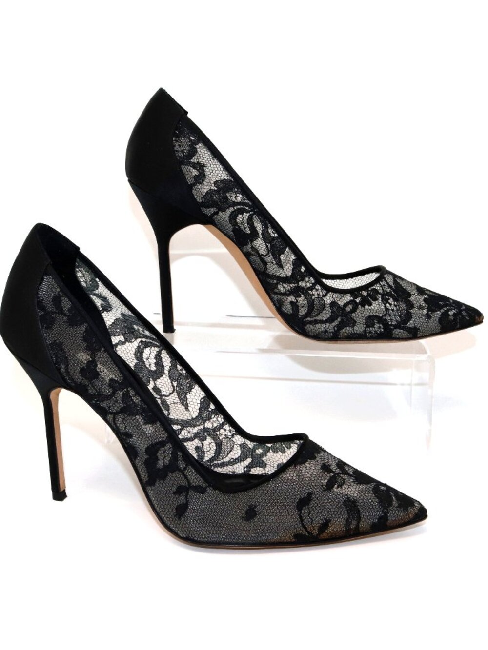 SOLD——- Manolo Blahnik 38 BB 105 Black Floral Lace Satin Stiletto Point Toe Pump - Picture 3 of 15